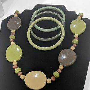 Brown , green, taupe beaded necklace and bracelets